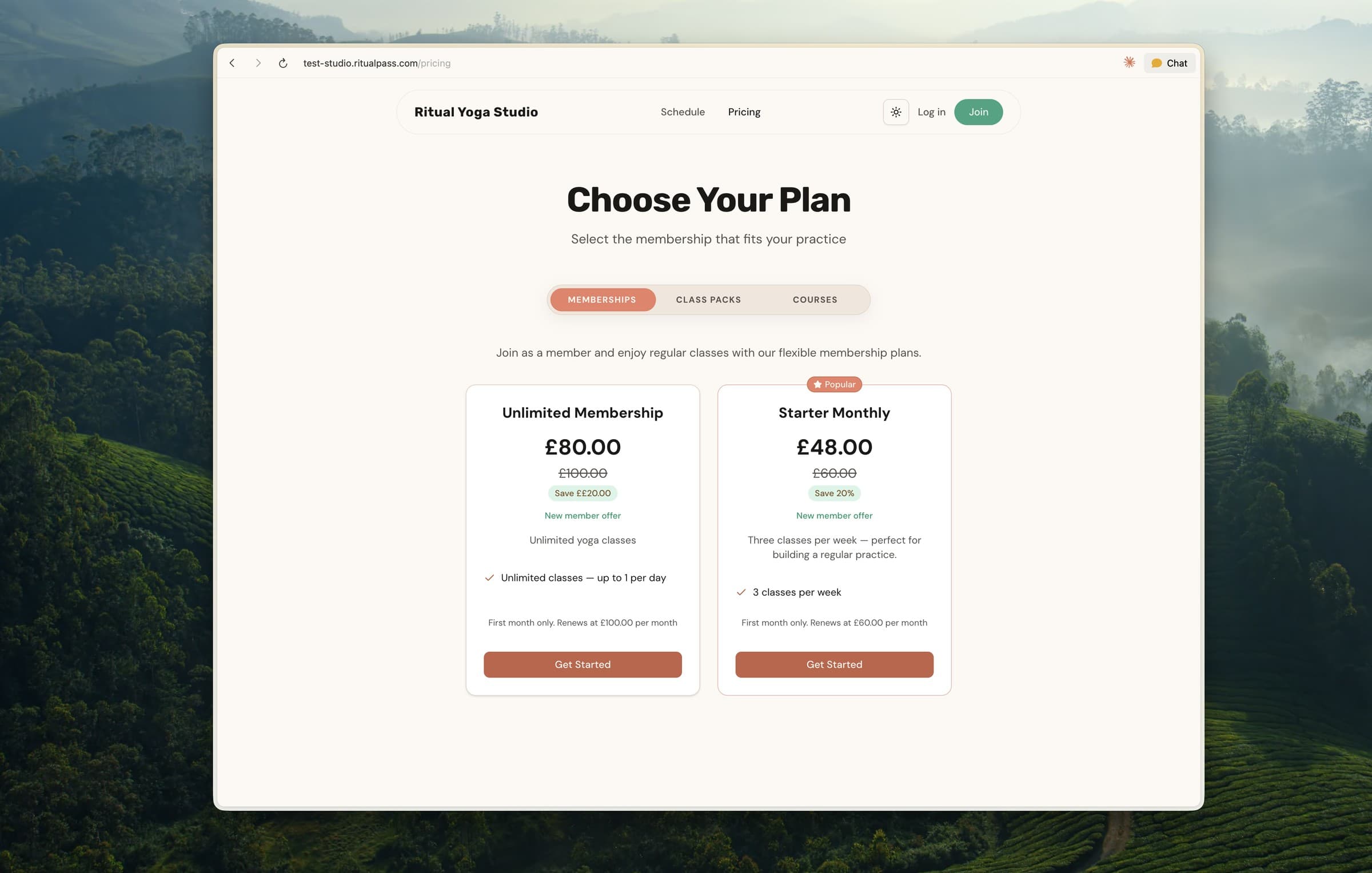 The client's plans page: choosing between memberships, class packs, and courses, with new-member offers