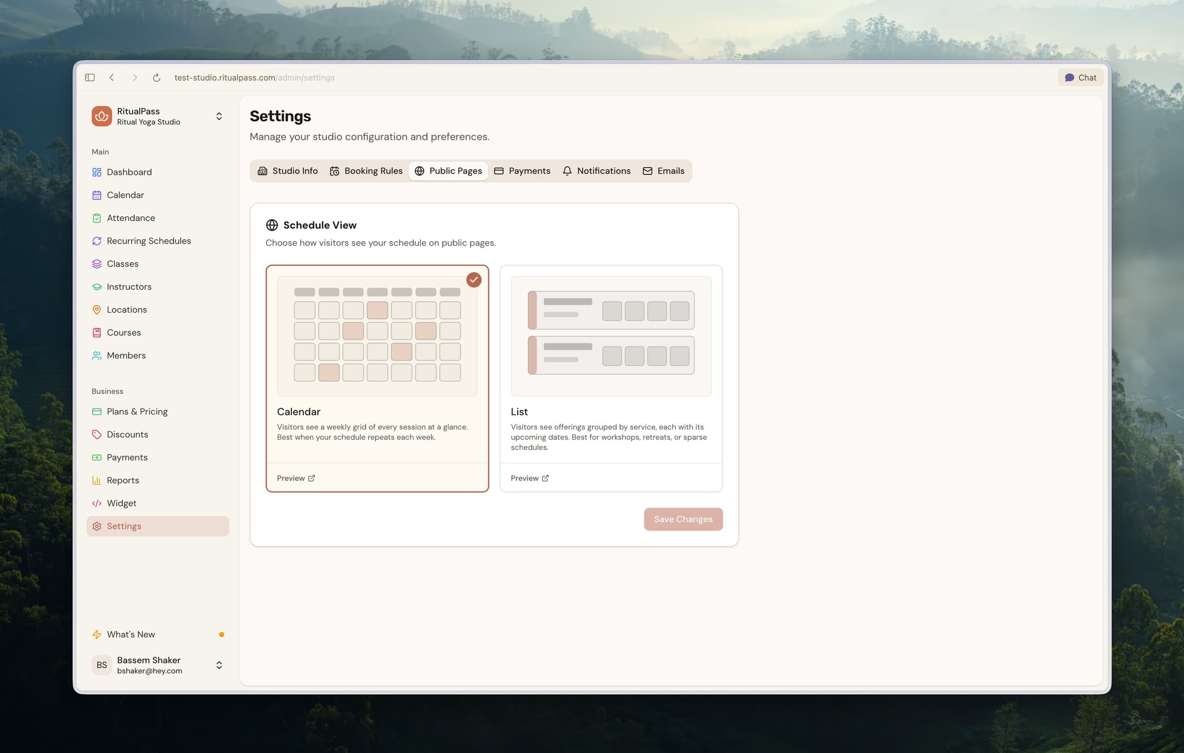Public schedule layouts: a weekly calendar grid or a grouped list for visitors